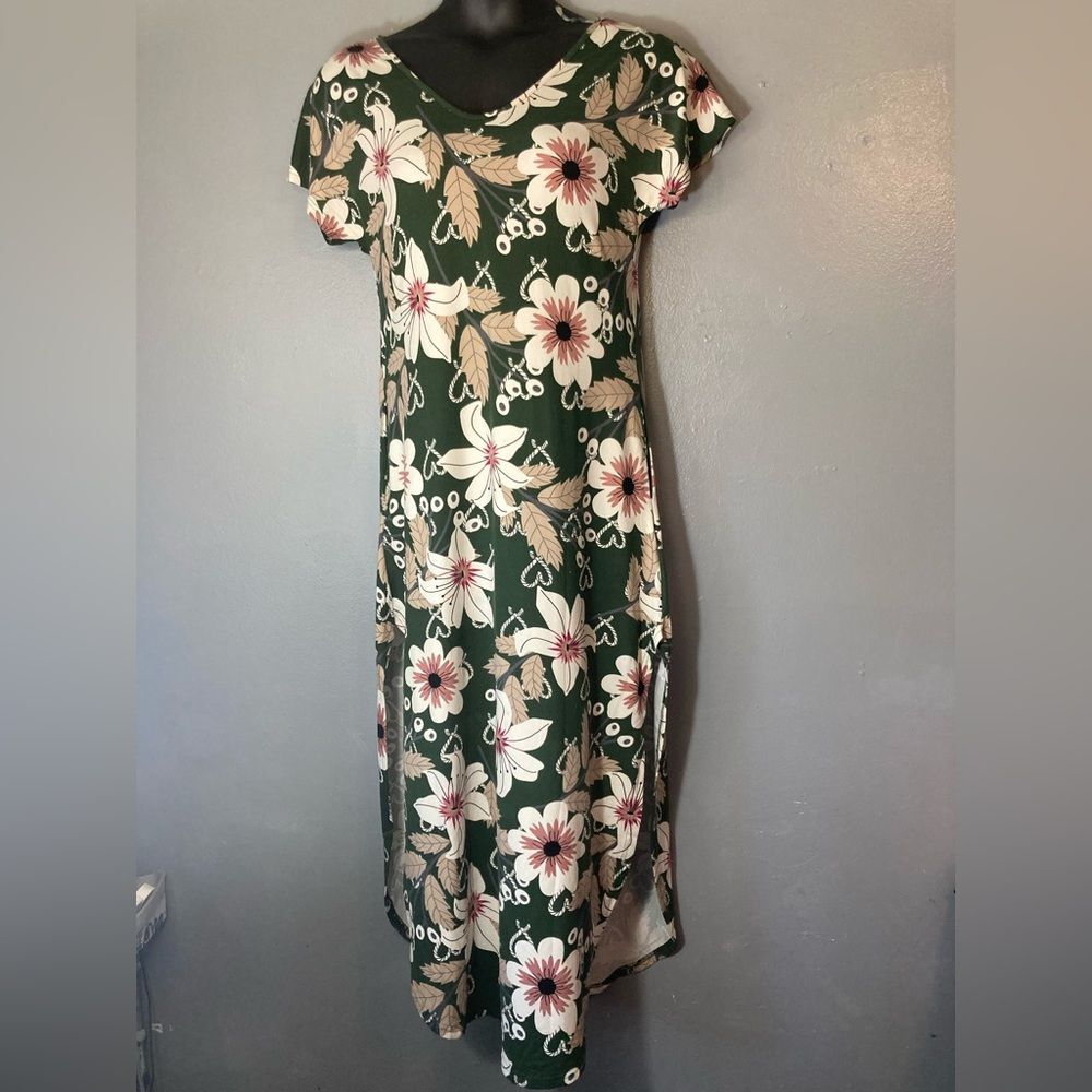 Green floral short sleeve Side Slit maxi Dress
